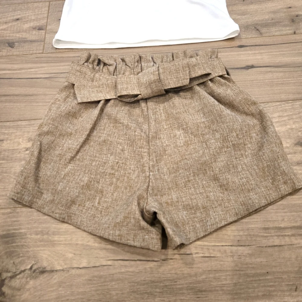 NWOT Girls Asymetrical White‎ Top & Brown Belted Shorts Size (5/6)